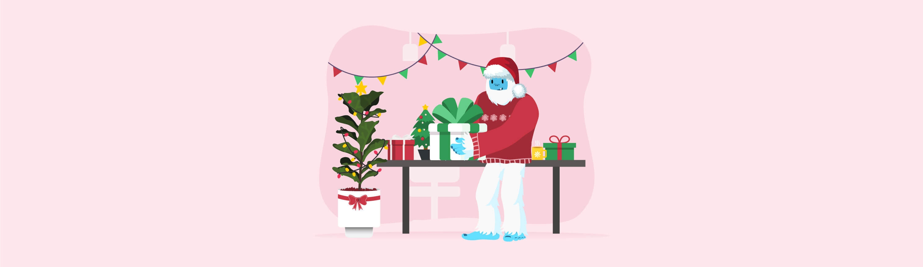 Illustration of Carl the yeti holding a present dressed as Santa Claus.
