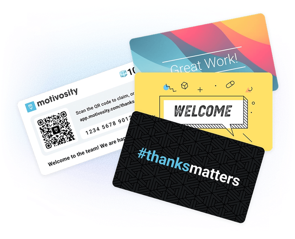 Motivosity employee recognition solution with physical QR code cards for rewards redemption by deskless and frontline workers.