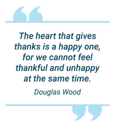 image with text - The heart that gives thanks is a happy one, for we cannot feel thankful and unhappy at the same time.