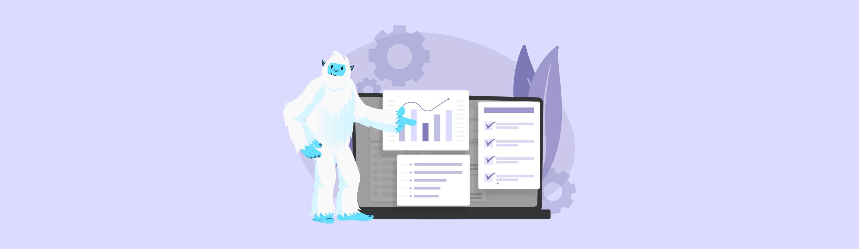 Illustration of Carl the yeti pointing to a laptop with several different graphs.