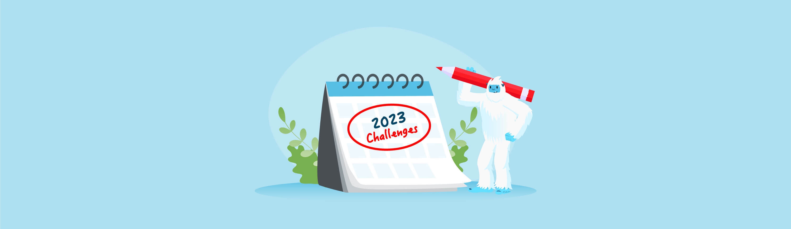 Illustration of Carl the Yeti standing next to a huge calendar that says "2023 Challenges."