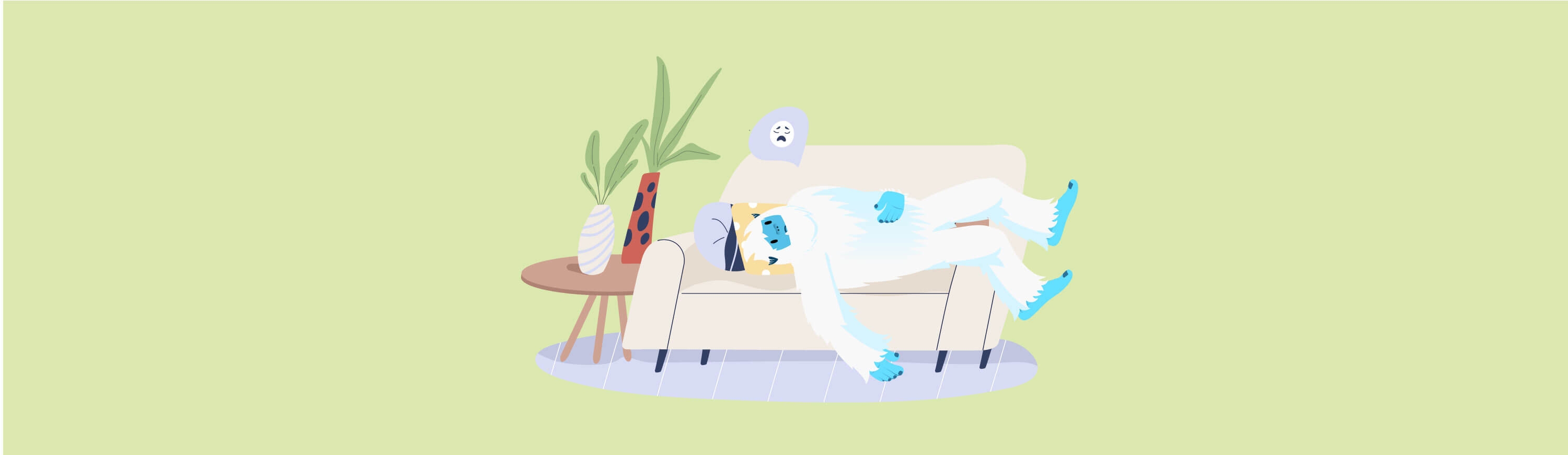 Illustration of Carl the yeti laying on the couch looking frustrated.