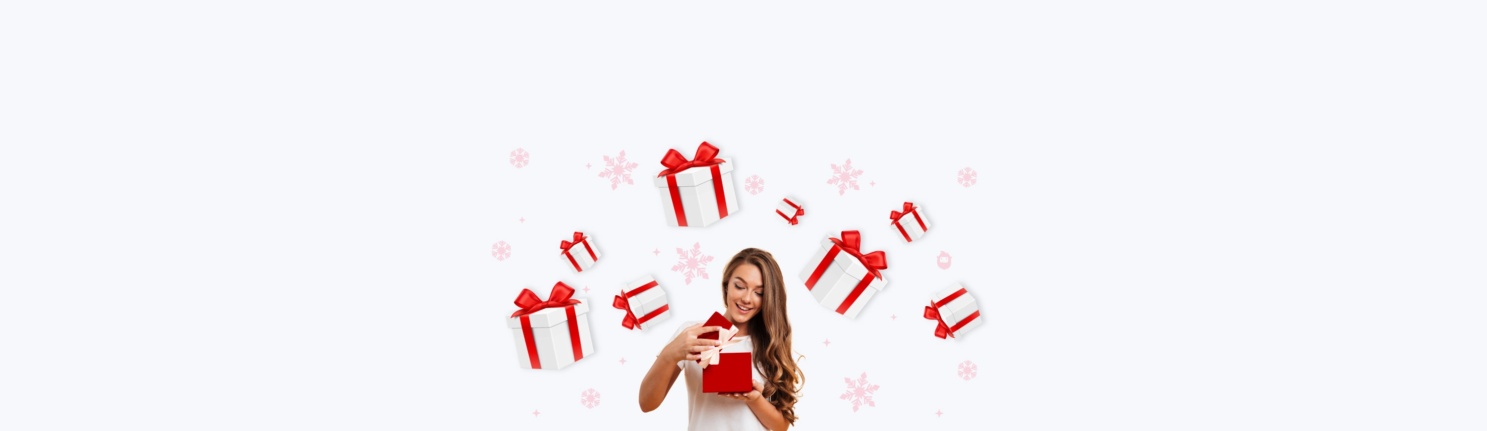 Image of an employee opening a holiday gift with floating gifts around her, expressing a sense of appreciation and joy, symbolizing employee recognition and festive gratitude.