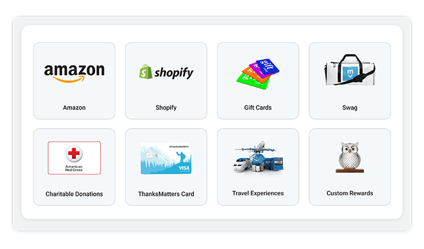 Image of different kinds of employee rewards that can be redeemed in Motivosity with a company recognition program.