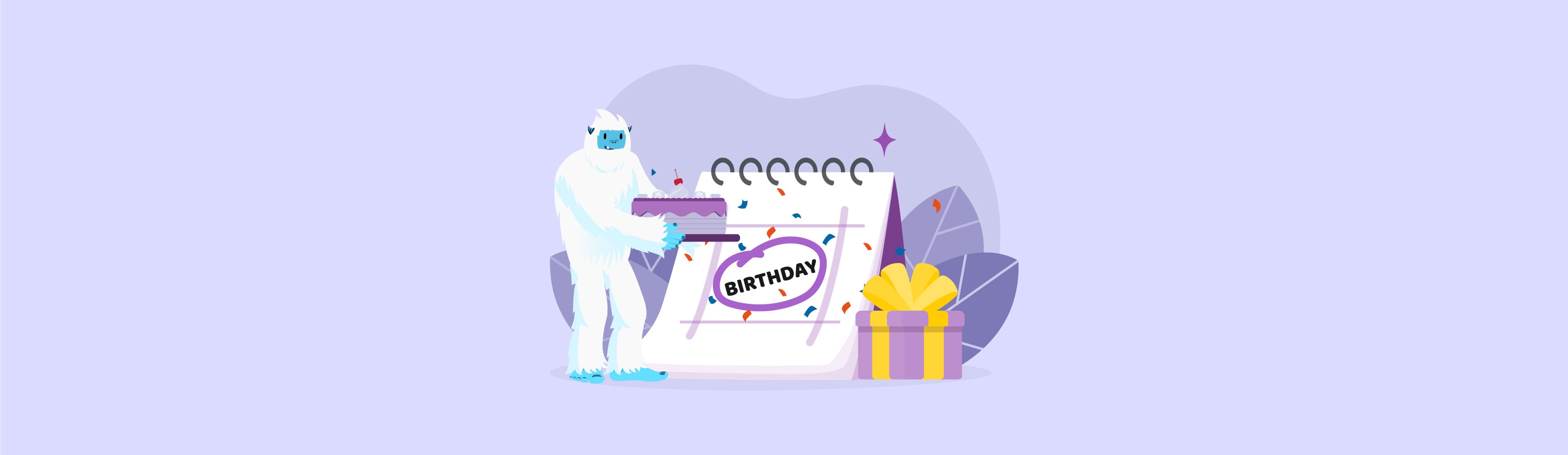 Image of the Motivosity mascot, Carl the Yeti, with a cake and calendar meant to recognize employee milestones.