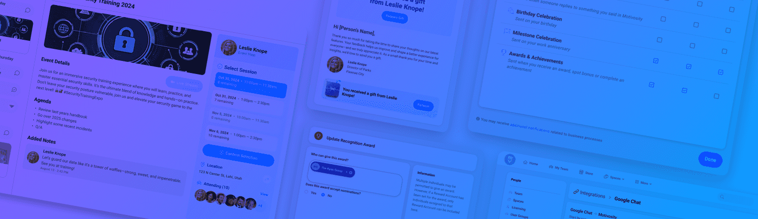 Image of several Motivosity dashboard screenshots with a gradient background.