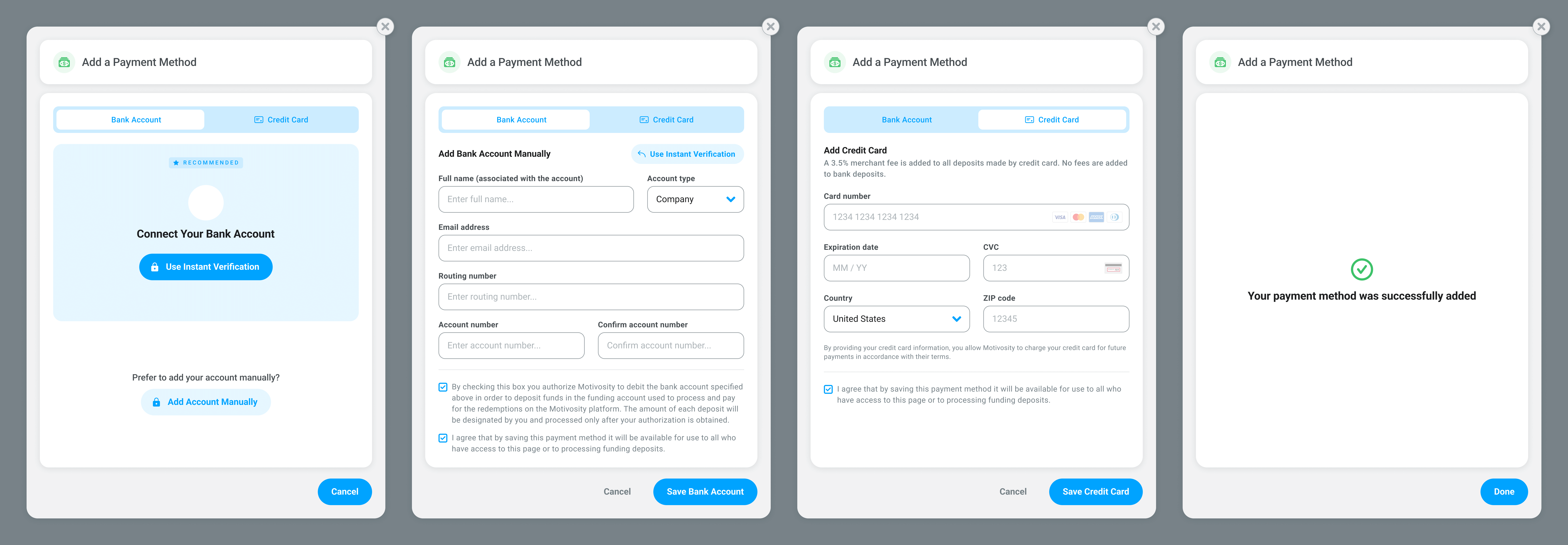 Various modals to add a new payment method in Motivosity