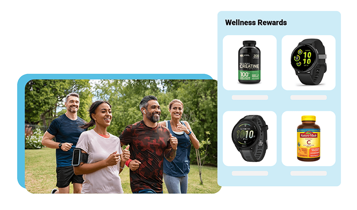 Image of employees participating in a wellness program and the employee rewards they can redeem.