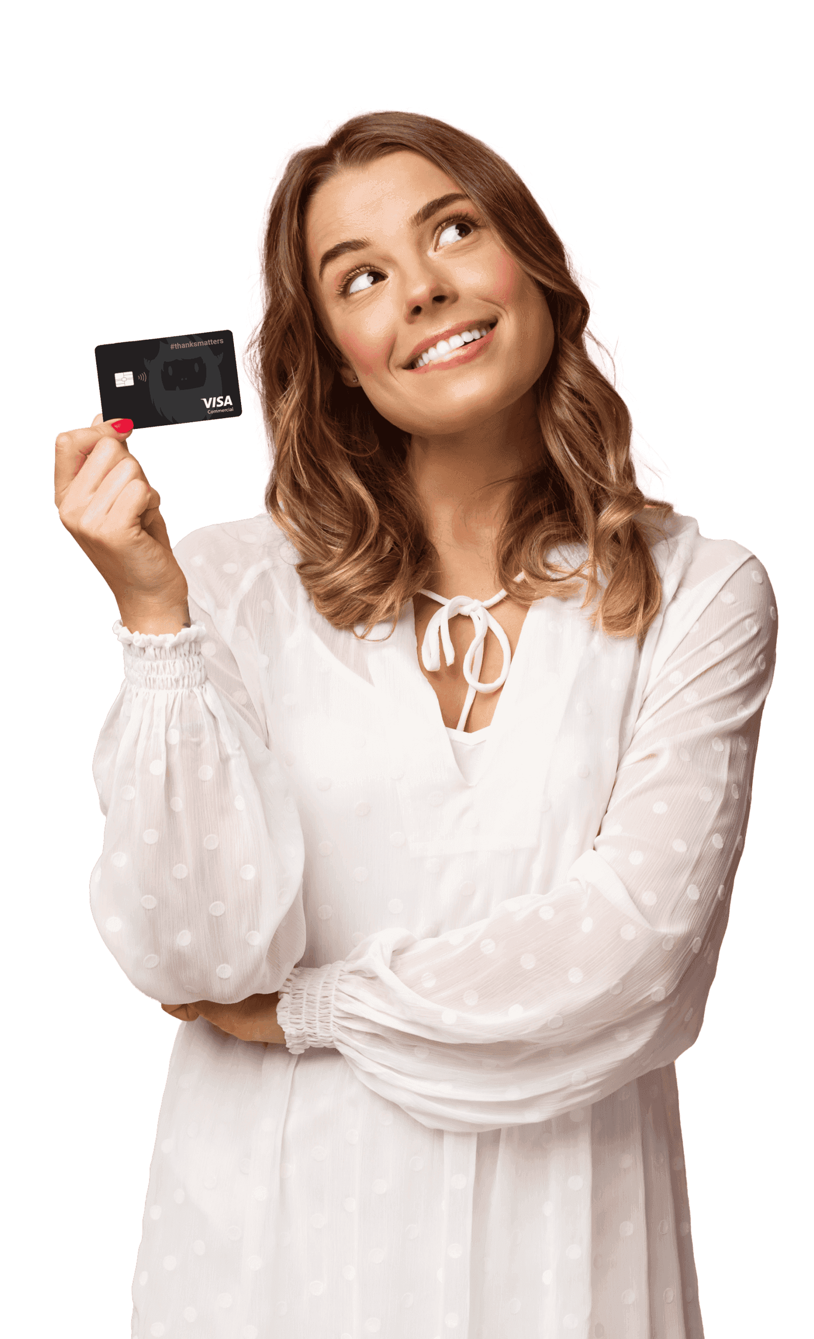 Image of a woman holding the ThanksMatters Card by Motivosity, the most flexible way to reward employees.