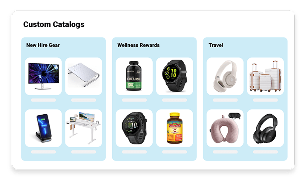 Image of custom catalogs in Motivosity that can be used to provide an effective reward in conjunction with employee recognition programs.