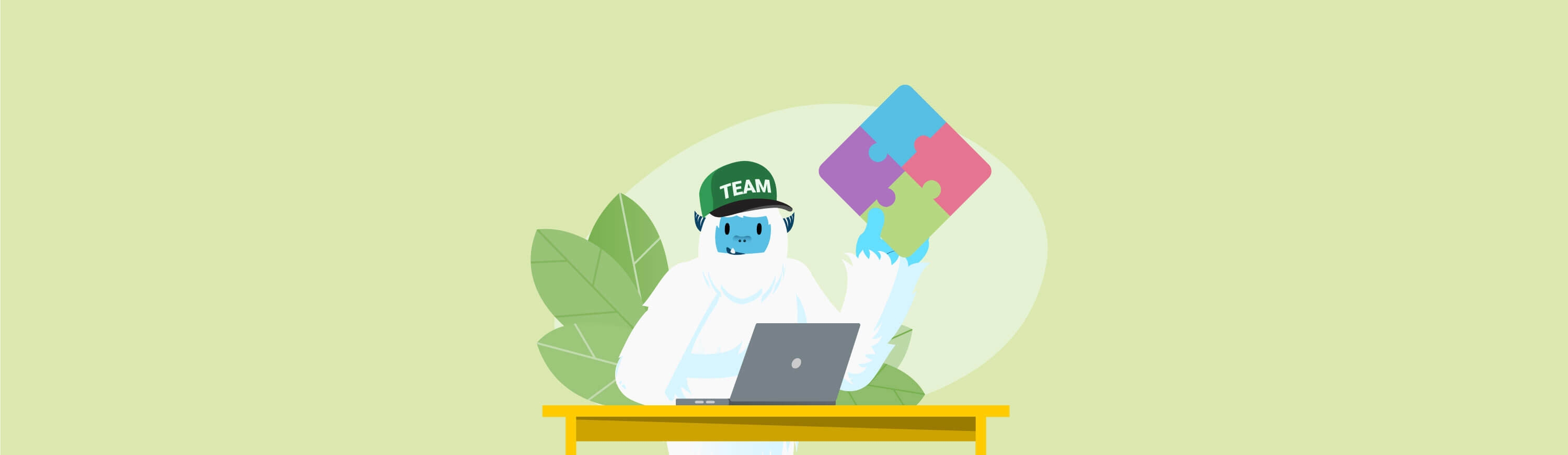 Illustration of Carl the yeti holding a puzzle piece with a hat that says Team on it.