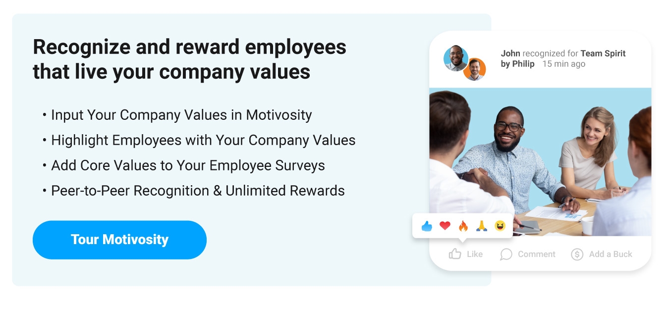 Image of employees collaborating and being recognized in Motivosity, an employee recognition software, for living a core value.