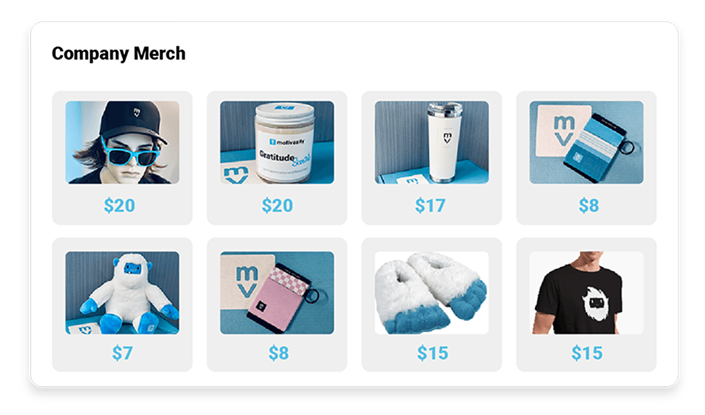 Image of branded apparel and custom swag in an employee store through Motivosity.