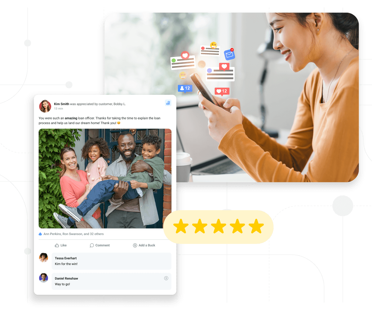 Image of a smiling woman using her phone with engagement icons, a social recognition post highlighting a family's appreciation for an employee, and a five-star rating below, symbolizing impactful employee recognition and customer satisfaction.