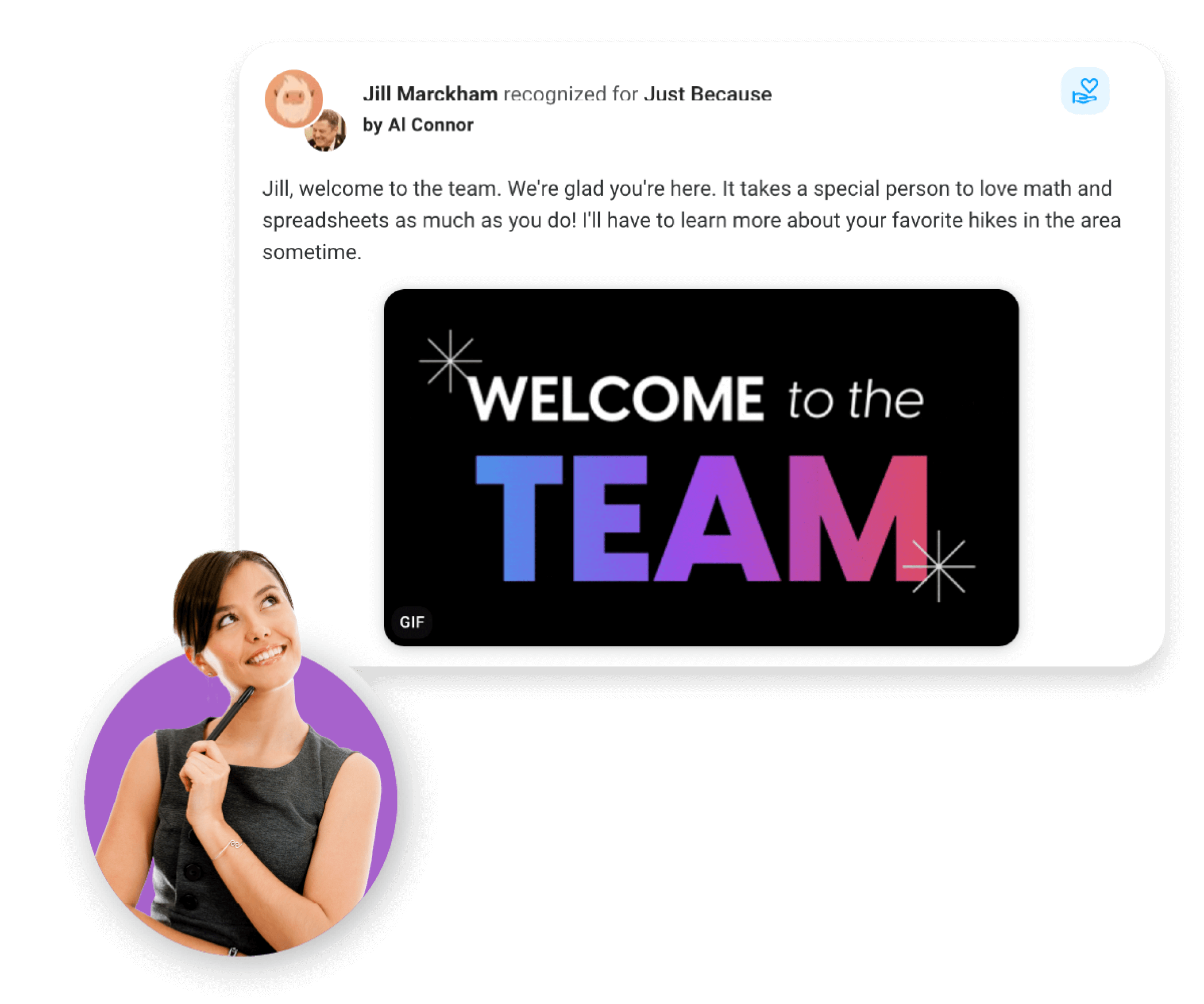 Use screen shot from product demo of Jill being welcomed to the team