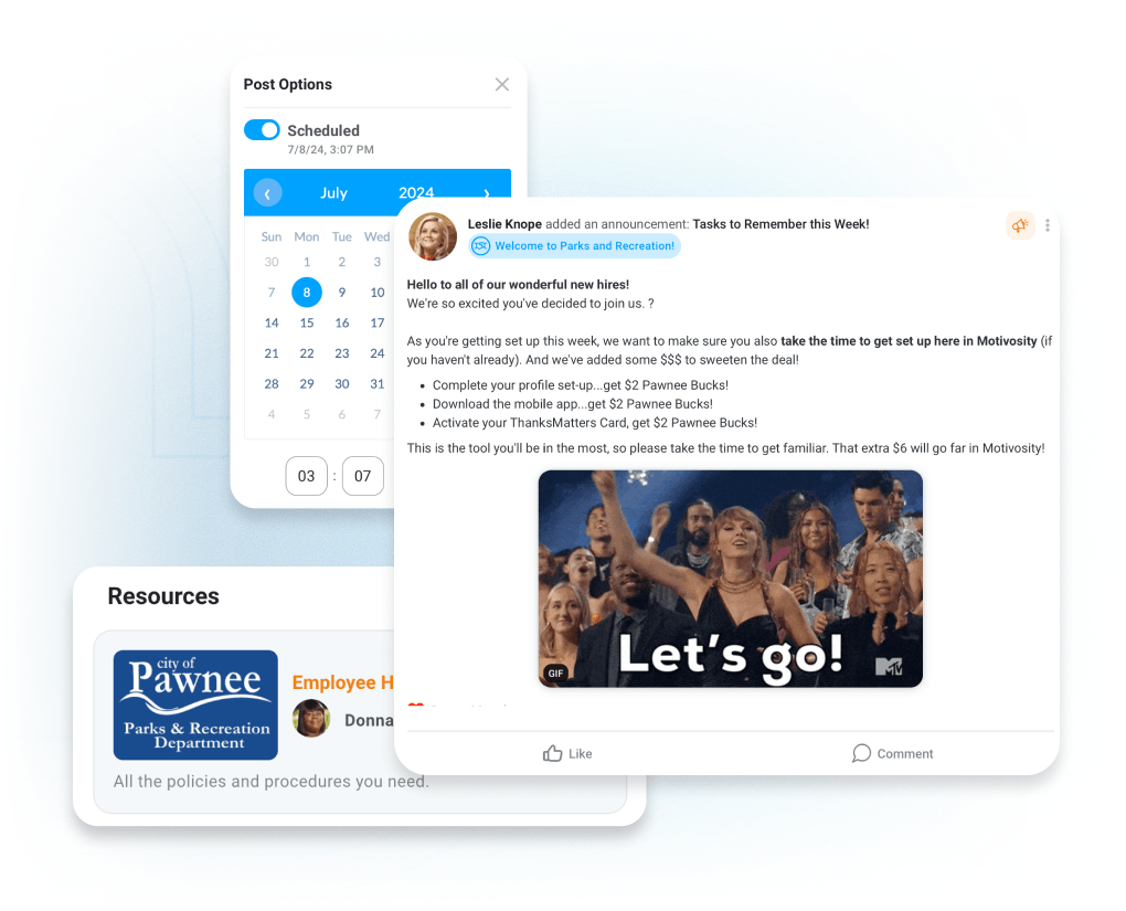 Employee communication tools in Motivosity with announcements, post scheduling, and resource hosting.