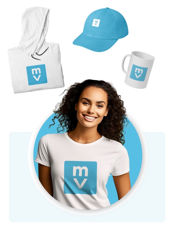 Picture of swag store item ideas, including hoodies, hats, mugs, and shirts featuring your company's branding, all available within Motivosity.