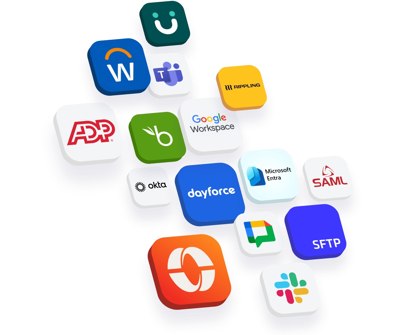 Badges of available Motivosity integrations including Microsoft Teams, ADP, Okta, Rippling, and other HR and communication tools.