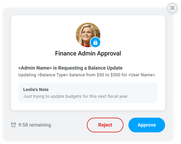 Image of the Finance Admin Approval modal in Motivosity