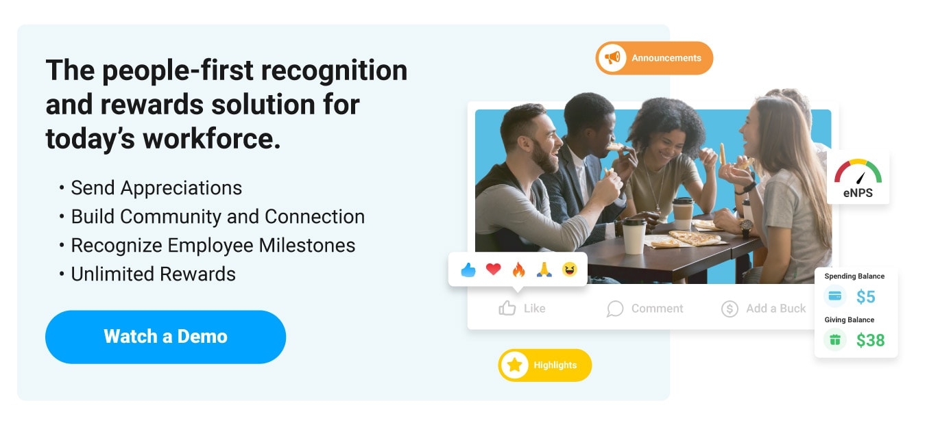 Image with smiling employees and a call out to watch a demo of Motivosity, the people-first recognition and rewards solution.