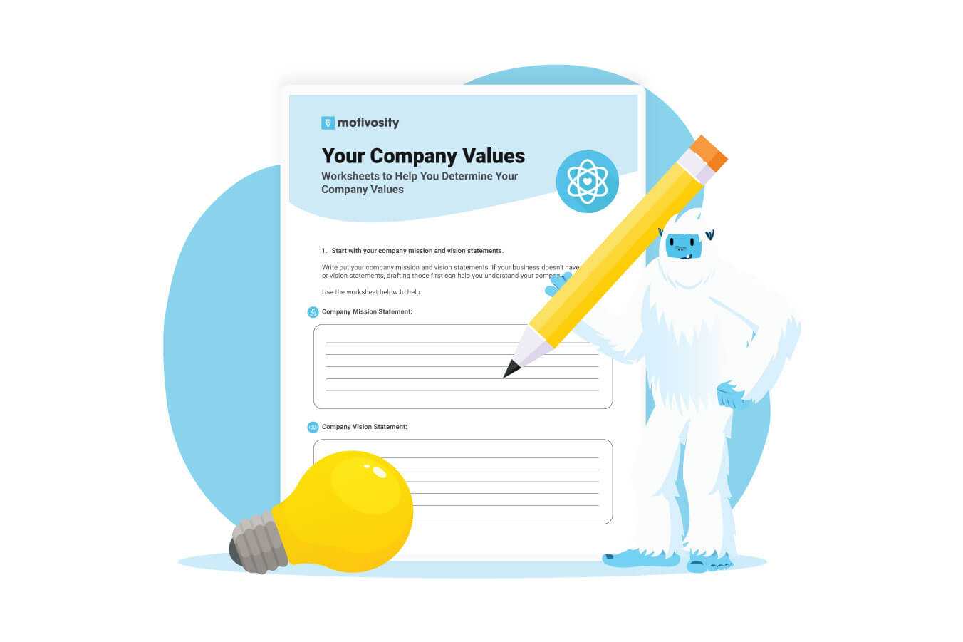 Illustration of Carl the Yeti standing next to the "Your Company Values" worksheet.