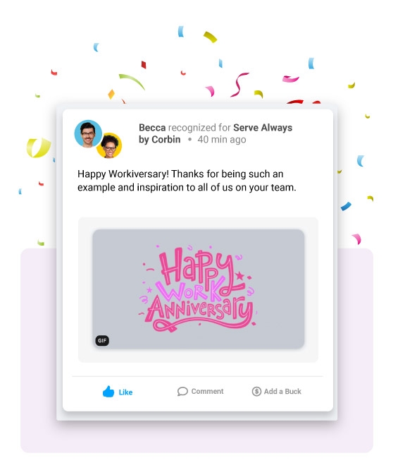 Image of a work anniversary being celebrated in Motivosity, an employee recognition platform.