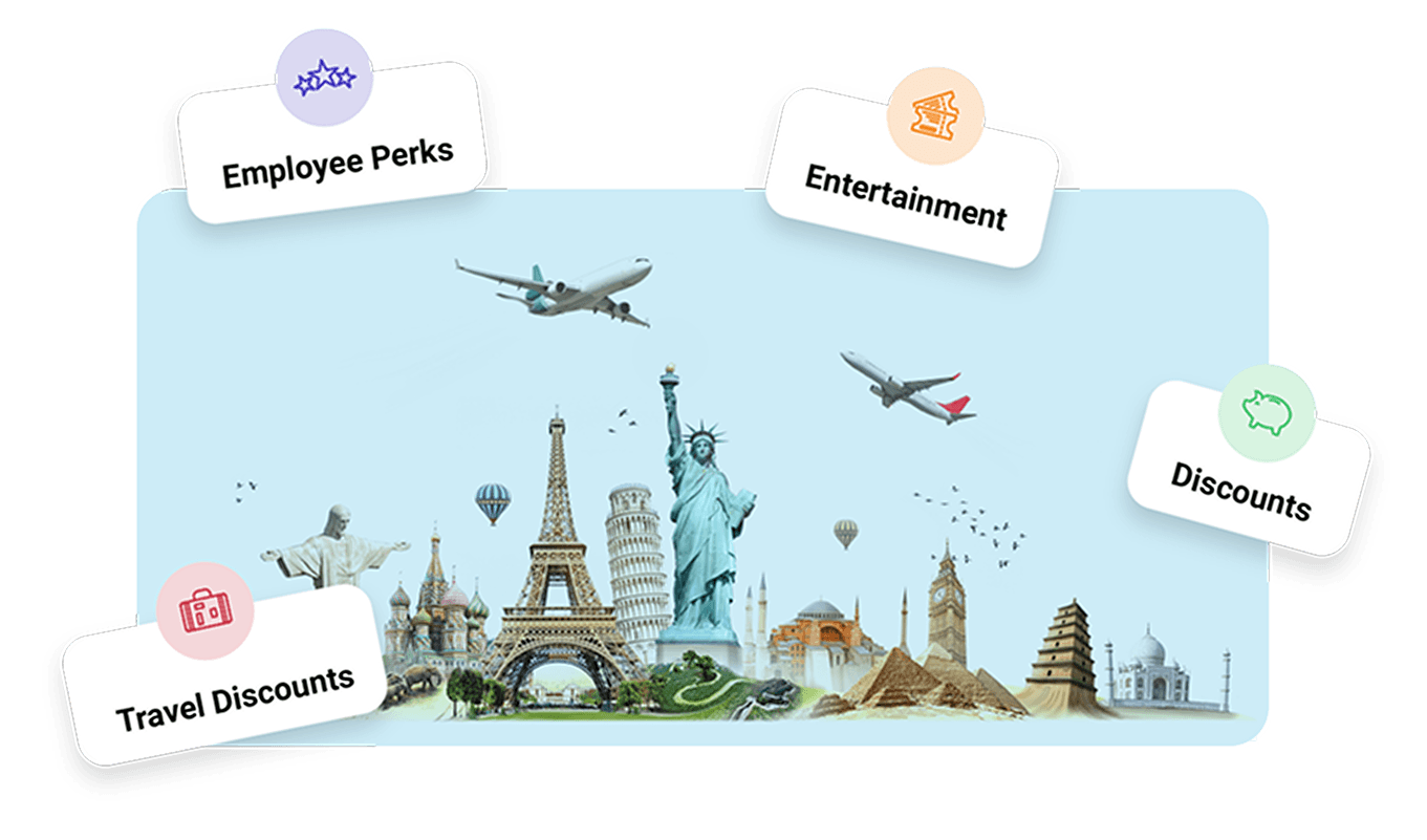 Image of landmarks and airplanes representing the travel experiences, discounts, perks, and other employee gifts that can be redeemed with Motivosity.