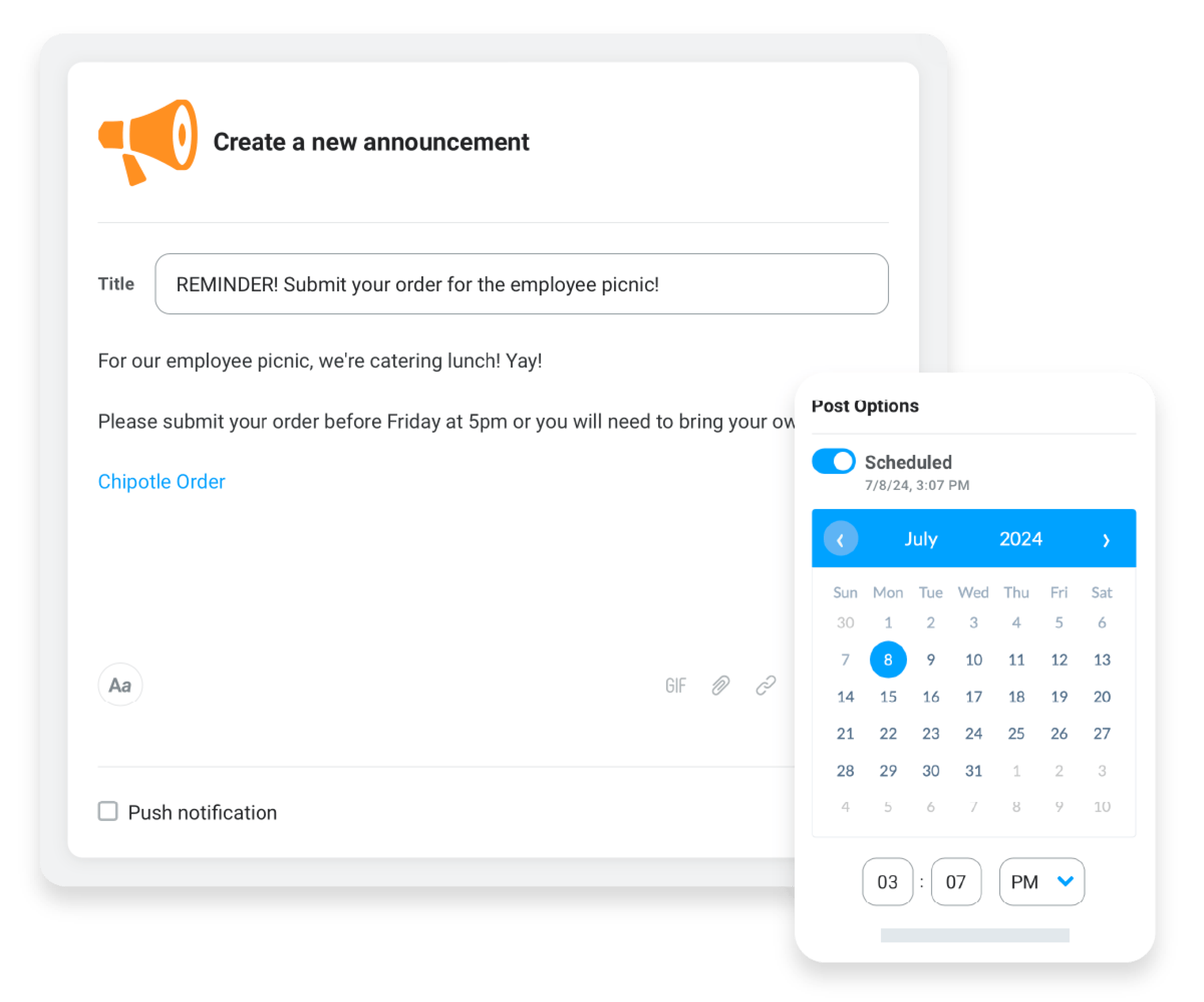 Image of scheduling important employee communication in advance to ensure employees receive all relevant internal communications.