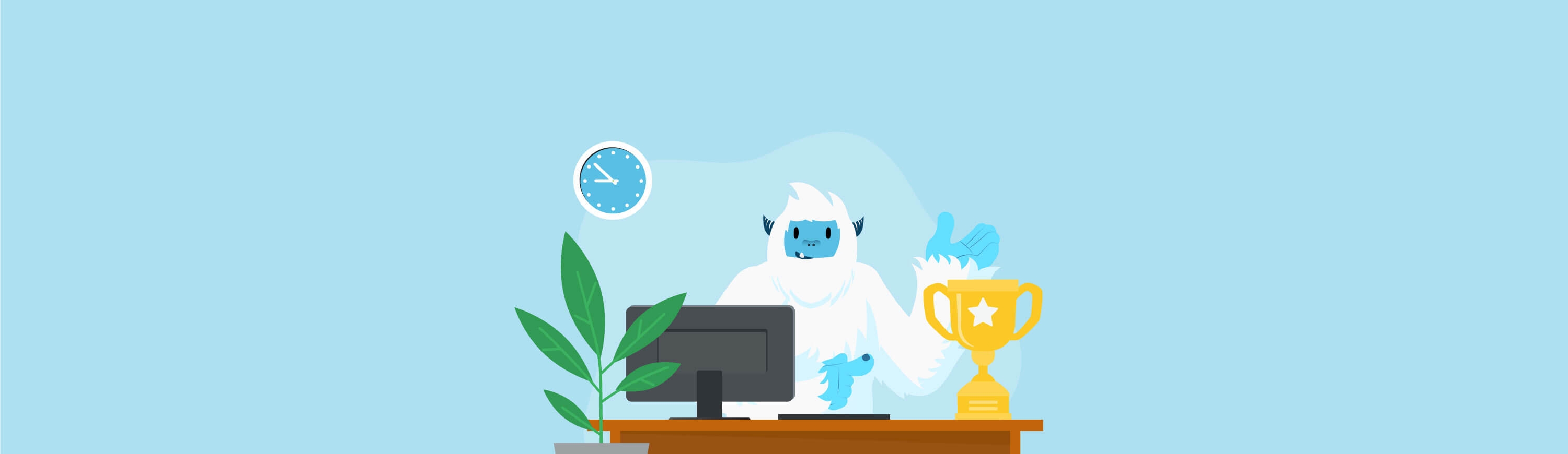 Illustration of Carl the yeti sitting at a desk with a computer, pointing towards a trophy.