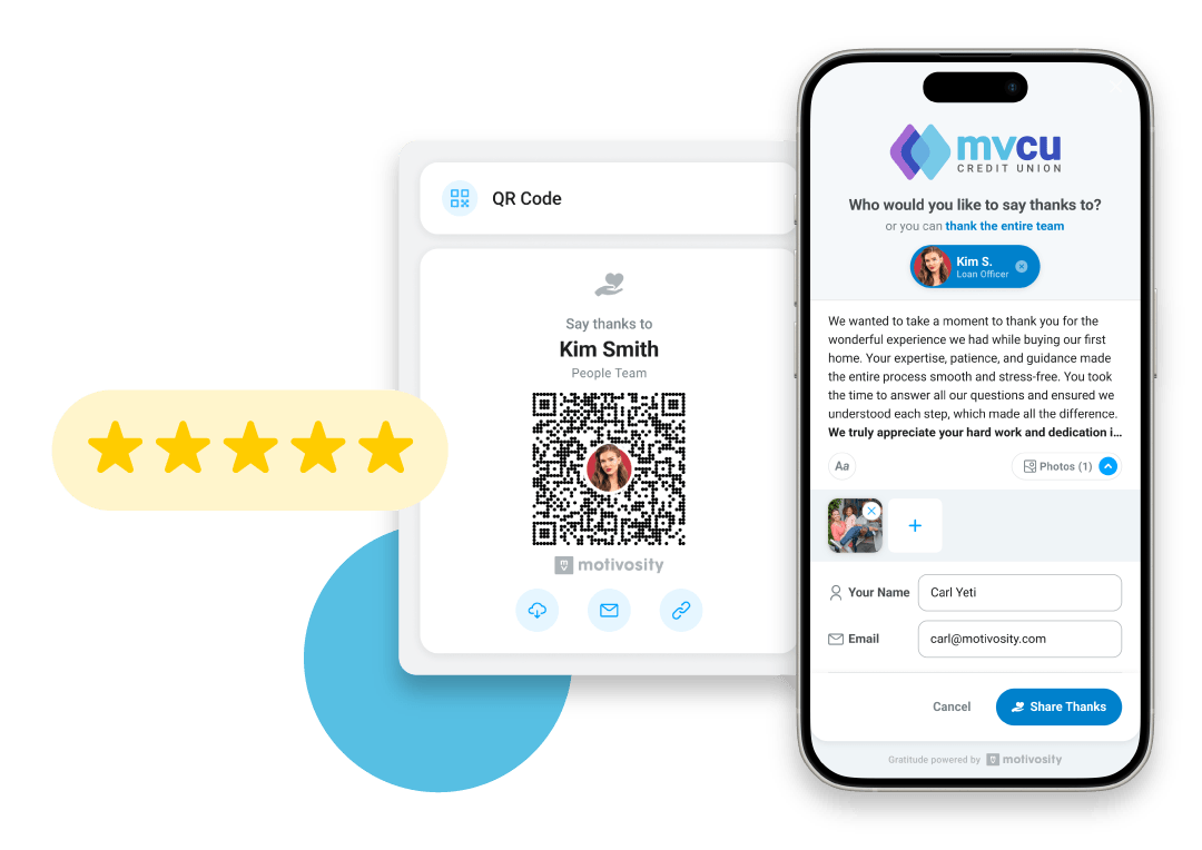 Image showing a QR code for thanking "Kim Smith" and a Motivosity mobile interface where users can send personalized recognitions, with a five-star rating symbolizing excellent service.