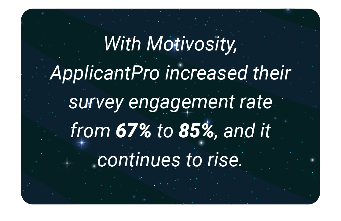 image with text - With Motivosity, ApplicantPro increased their survey engagement rate from 67% to 85%, and it continues to rise.