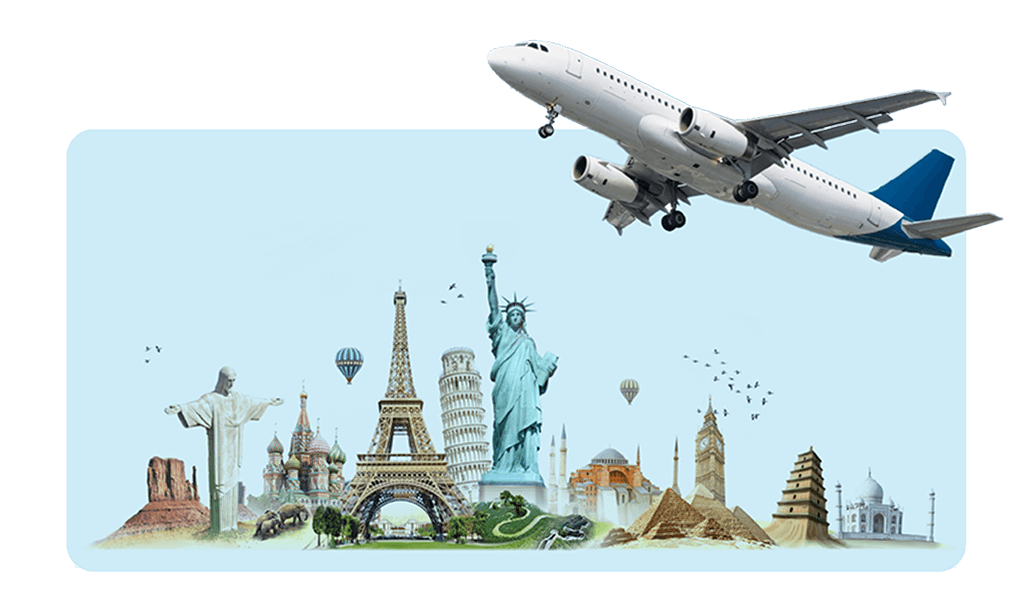 Image of landmarks and an airplane representing rewards like travel experiences that can be offered in company stores using Motivosity.