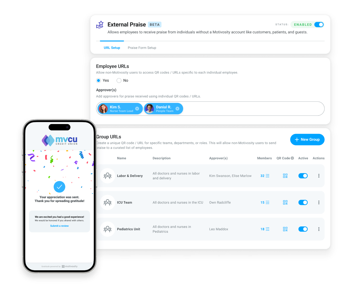 Screenshot of the Service Shoutout feature in Motivosity, showing settings for employee and group URLs, approvers, and QR codes, alongside a mobile confirmation screen for sending appreciation.