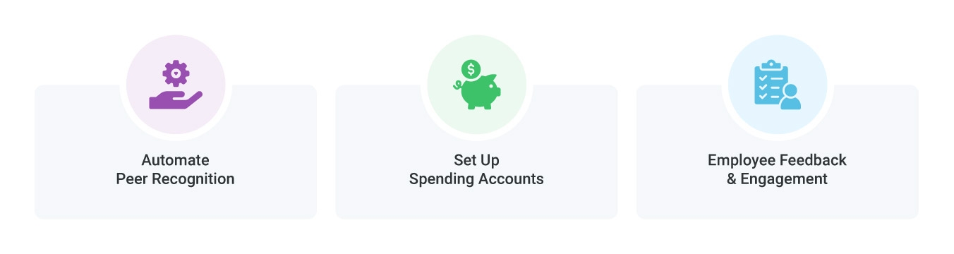Image highlighting the three key features of Motivosity: Automate Peer Recognition, Spending Accounts, and Employee Feedback and Engagement, showcasing tools to enhance workplace culture and team dynamics.