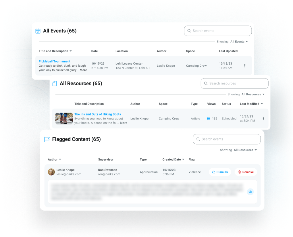 Motivosity dashboard with flagged content and admin tools to manage employee spaces and workplace communities.