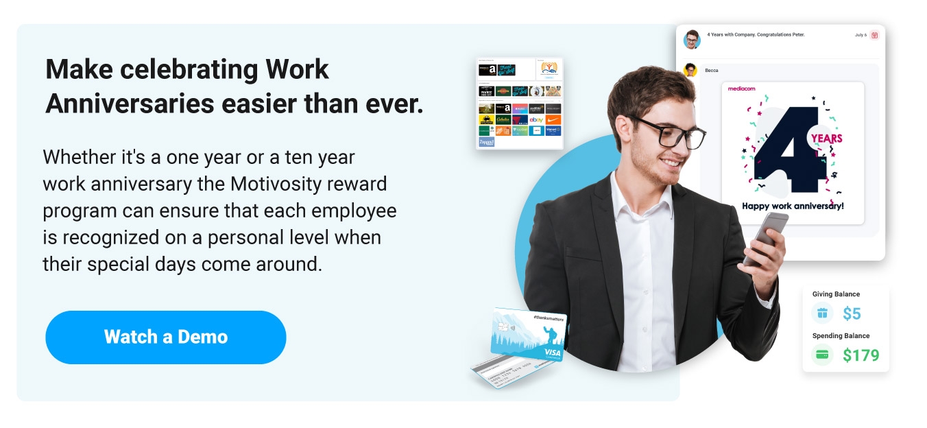 Image of an employee being celebrated for his workiversary using Motivosity.