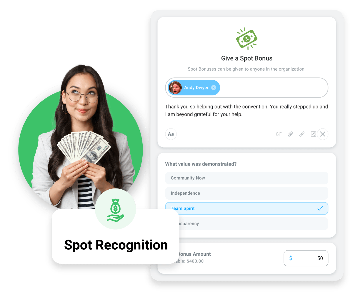 Image of a spot bonus recognition program, which can be used in conjunction with a peer recognition program.