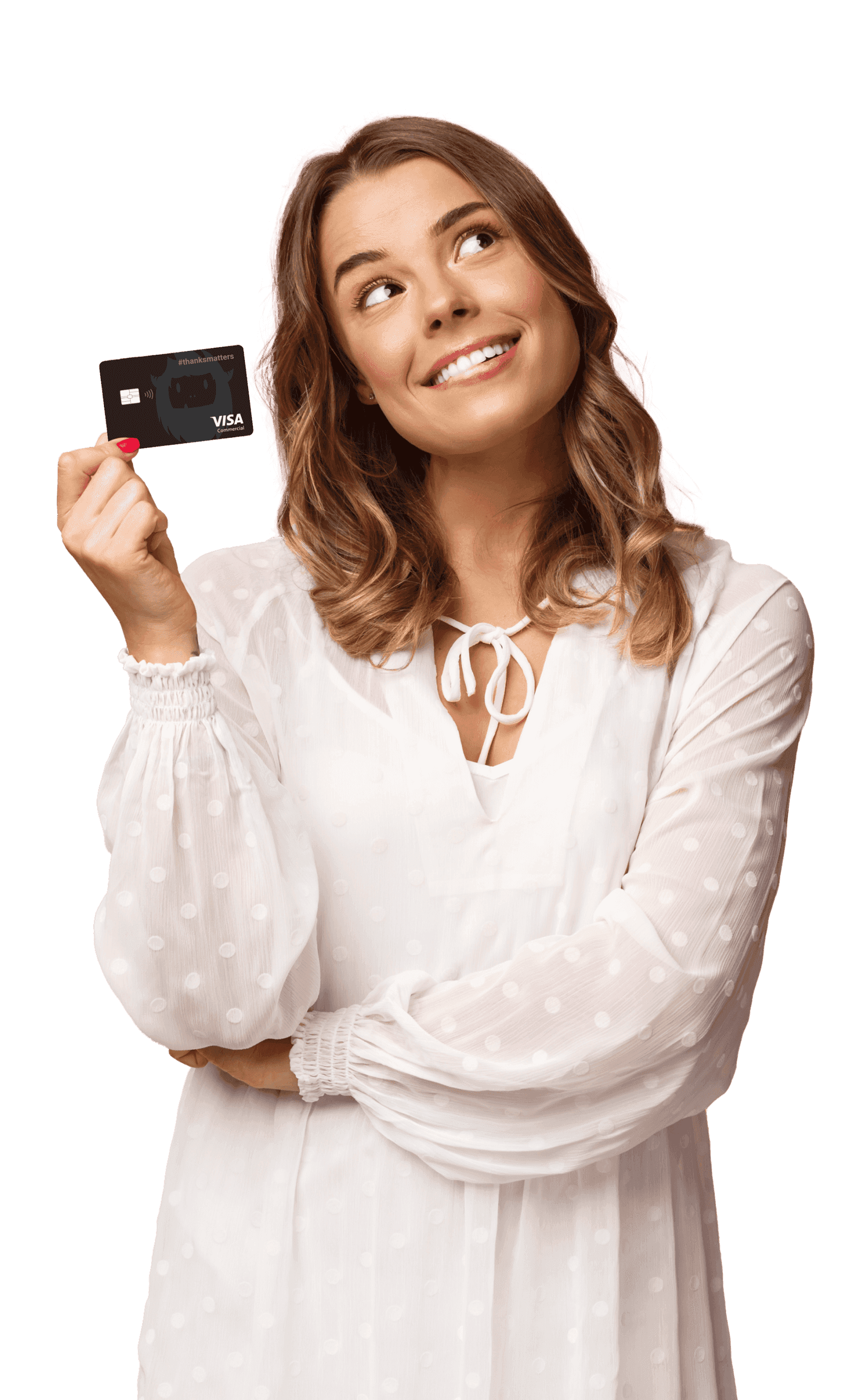 Image of a woman holding the ThanksMatters Card by Motivosity, the most flexible way to reward employees.