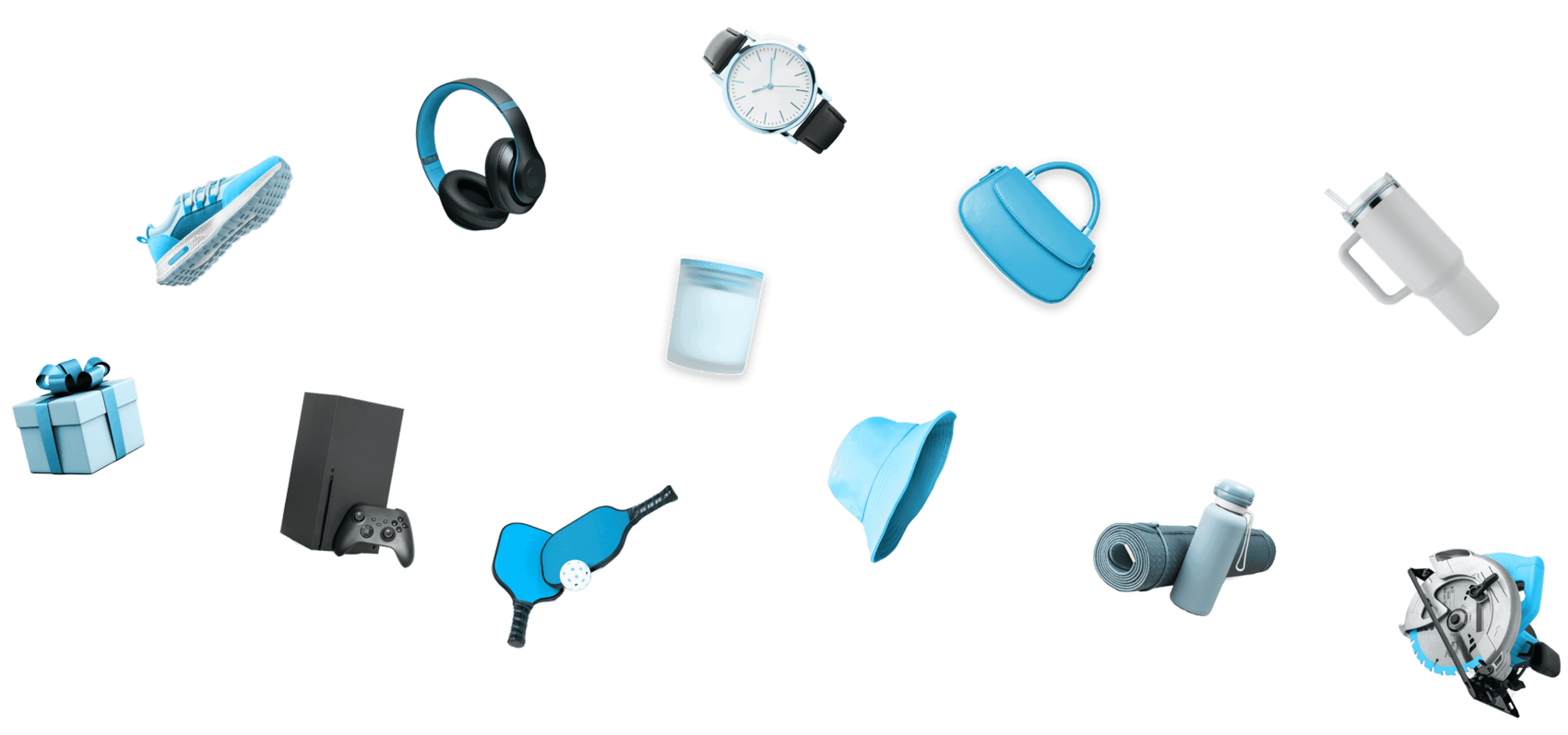 Image of several items that can be used to reward employees, like headphones and a gift box.