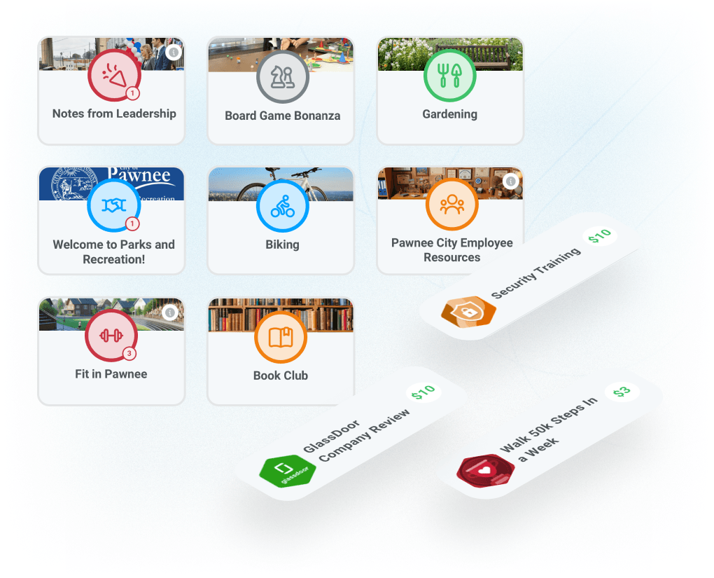 Examples of employee spaces in Motivosity including leadership communications, HR initiatives, programs, and interest groups.